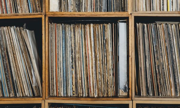 Front close-up of shelf with vinyl records Front close-up of shelf with vinyl records